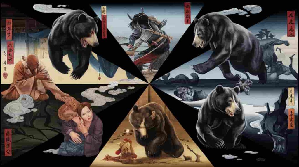 A striking 3D render of a Ukiyo-e-inspired dark fantasy painting. The image is divided into quadrants, each depicting a different dream scenario with black bears. In the top left quadrant, a peaceful encounter between a bear and a monk. In the top right quadrant, a chase scene with a bear and a warrior. In the bottom left quadrant, a friendly interaction between a bear and a woman. In the bottom right quadrant, an observation from afar of a bear and a woman. The bears in each scene exhibit distinct body language and expressions. Dreamlike elements such as floating objects and distorted perspectives add to the surreal atmosphere. Less
