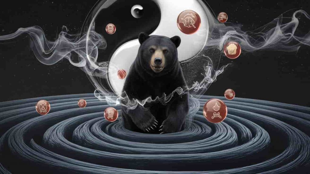 A 3D conceptual art piece inspired by ukiyo-e, with a black bear emerging from a swirling vortex of dream symbols. The bear is surrounded by floating icons representing strength, intuition, and transformation. In the background, a yin-yang symbol subtly blends into the landscape, suggesting balance. The bear's fur seems to dissolve into wisps of smoke, blurring the line between reality and dreams.