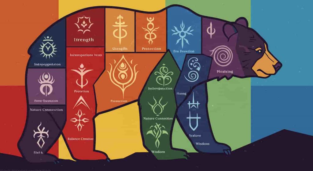 A colorful pop art representation of a black bear silhouette divided into seven sections, each depicting different spiritual meanings associated with black bears.