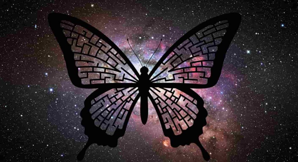 A minimalist pop art painting of a black butterfly silhouette with maze-like wing patterns against a cosmic background, symbolizing mystery and the unknown.