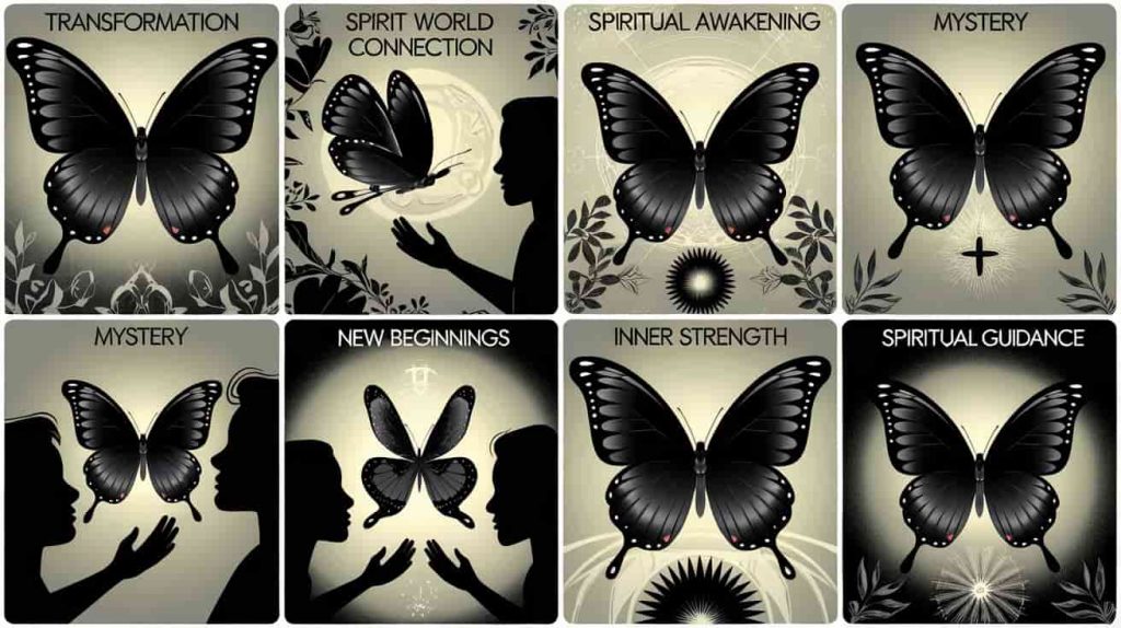 illustration showcasing various spiritual meanings of black butterflies, including transformation, spirit connection, and guidance.
