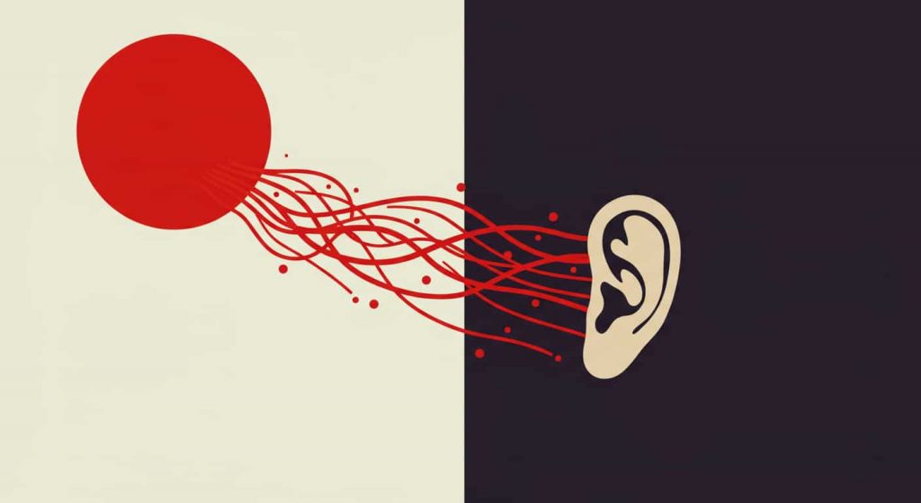Minimalist pop art painting of a stylized human ear receiving whispers from a blood red sun, represented by red lines, with a background divided into light and dark sections.