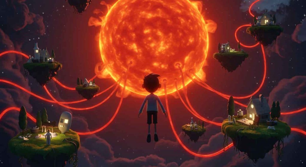 Pixar-style 3D cartoon of a dreamer floating through a surreal dreamscape with a giant blood red sun, surrounded by floating islands with dream symbols connected by red light tendrils.