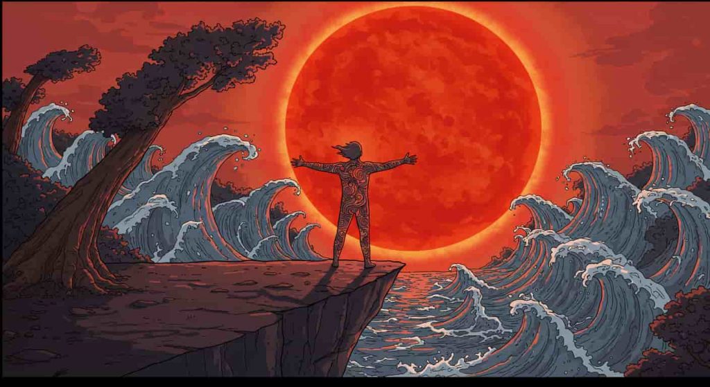 cartoon style comic depicting a person filled with swirling emotion patterns facing a massive blood red sun, with nature responding to their passion in the surrounding landscape.
