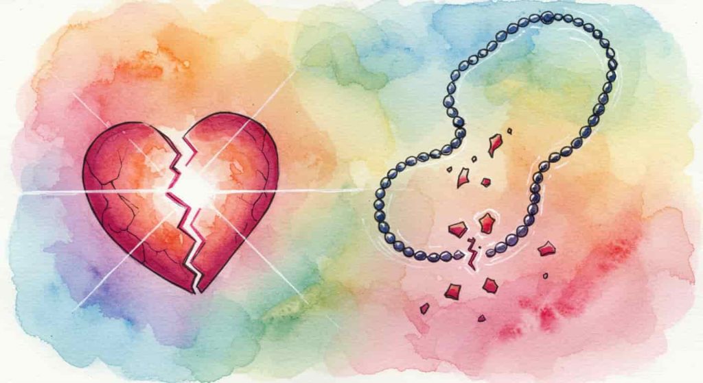 An epic impressionist sketch using watercolor and pen technique creating a beautiful blend of impressionism and minimalism, showing a stylized heart with a glowing crack, with a broken, ethereal necklace floating nearby, set against a backdrop of a vibrant, abstract landscape, symbolizing the breaking of emotional bonds.