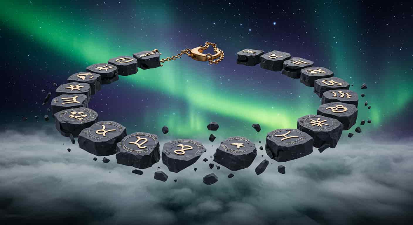 A captivating and conceptual 3D artwork showing a fragmented necklace with astrological and numerological symbols integrated into its design, set against a backdrop of a vibrant, cosmic aurora, representing the connection between broken necklaces, astrology, and numerology.
