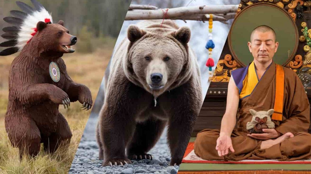 Triptych image depicting Native American, Japanese Ainu, and Buddhist interpretations of brown bear spirituality through symbolic scenes.
