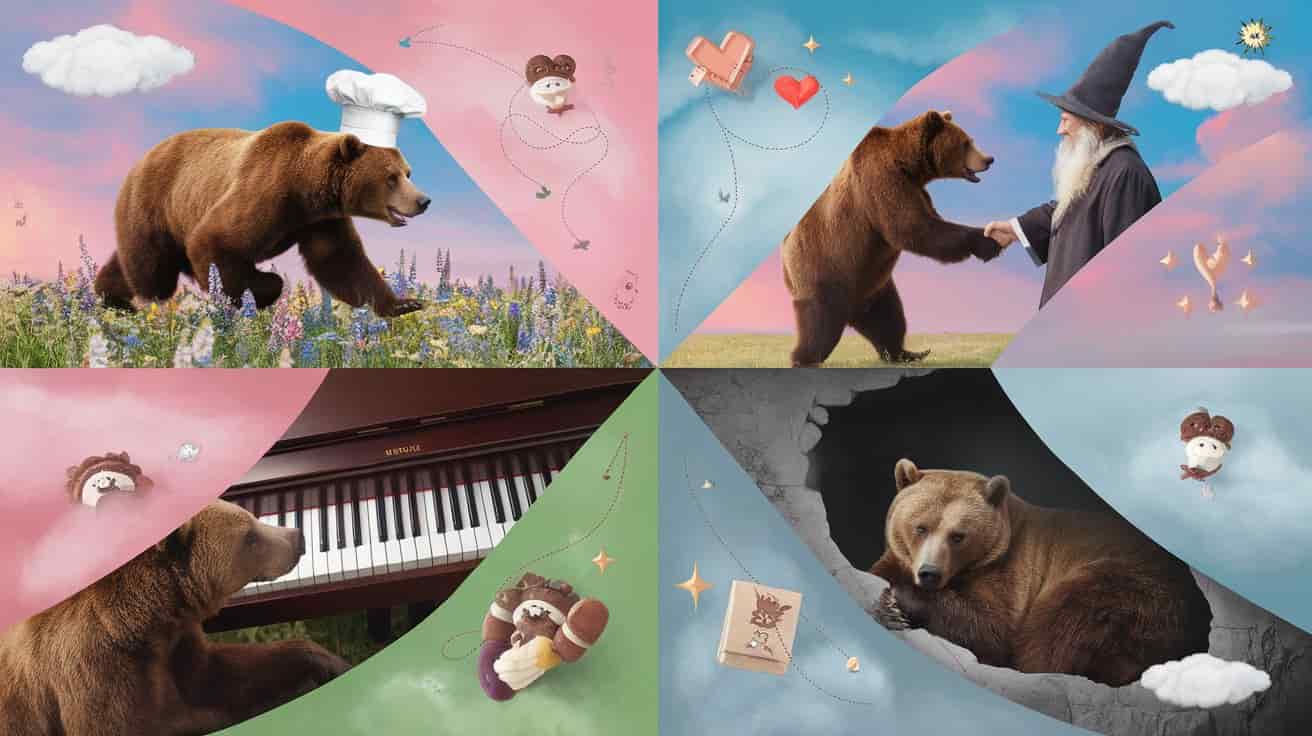 Surreal dreamscape divided into four quadrants, each showing different brown bear dream scenarios with symbolic elements and dreamy colors.