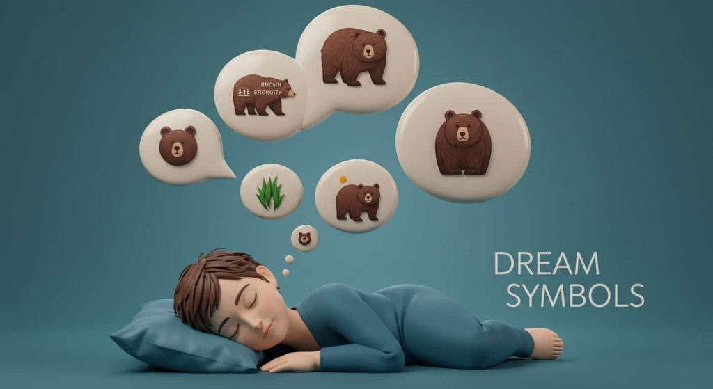 Surreal 3D artwork depicting a sleeping person with thought bubbles containing brown bear symbols, representing the understanding of brown bear symbolism in dreams.