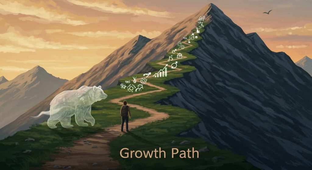 Digital painting of a person with a brown bear spirit guide on a mountain path, symbolizing the connection between brown bear dreams and personal growth.