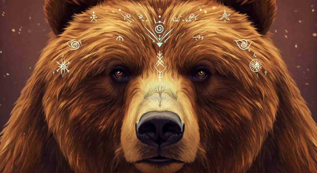 Stylized brown bear face illustration with symbolic elements representing spirit animal characteristics hidden within its fur.