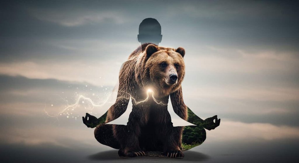 Double exposure image of a person's silhouette merging with a brown bear, symbolizing the connection between human and bear spirit animal.