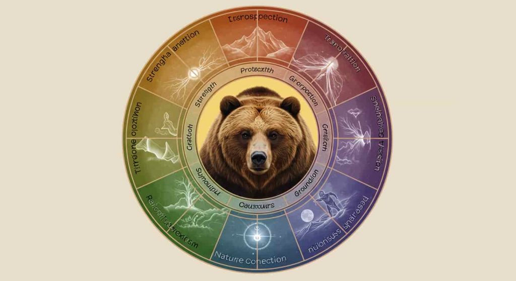 Circular mandala featuring a brown bear at the center, surrounded by seven sections representing different spiritual meanings associated with bears.