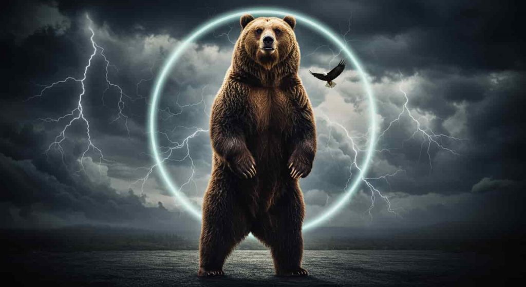Powerful brown bear standing tall against a stormy sky, embodying strength and courage with symbolic elements in the background.