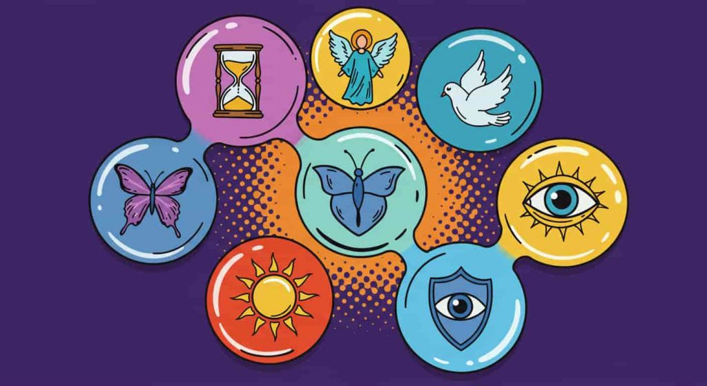 A vibrant pop art style image showing seven bubbles in a circular arrangement, each containing symbols representing different spiritual meanings of bubbles, including impermanence, divine messages, purity, transformation, joy, protection, and clarity.
