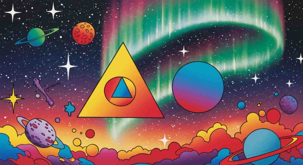 A vibrant pop art style image depicting the triangle and circle as bold shapes in a psychedelic universe, surrounded by stars, planets, and an aurora, representing them as fundamental building blocks of creation.