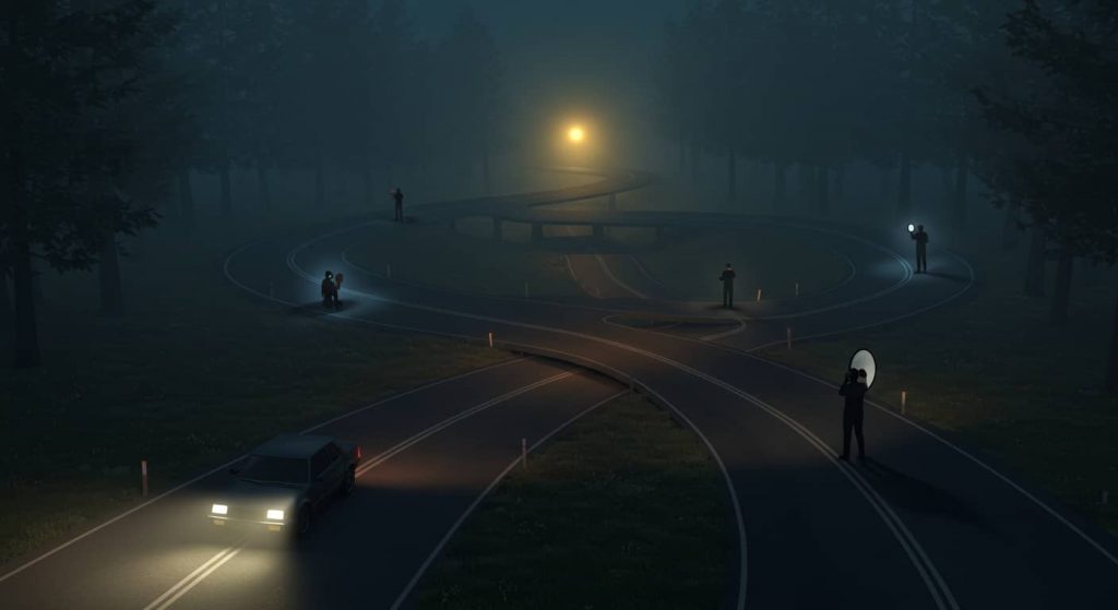 A surreal digital painting of a foggy night road with a single headlight illuminating multiple twisted paths, showcasing shadowy figures representing challenges in interpreting one headlight symbolism, with a distant light suggesting eventual clarity.
