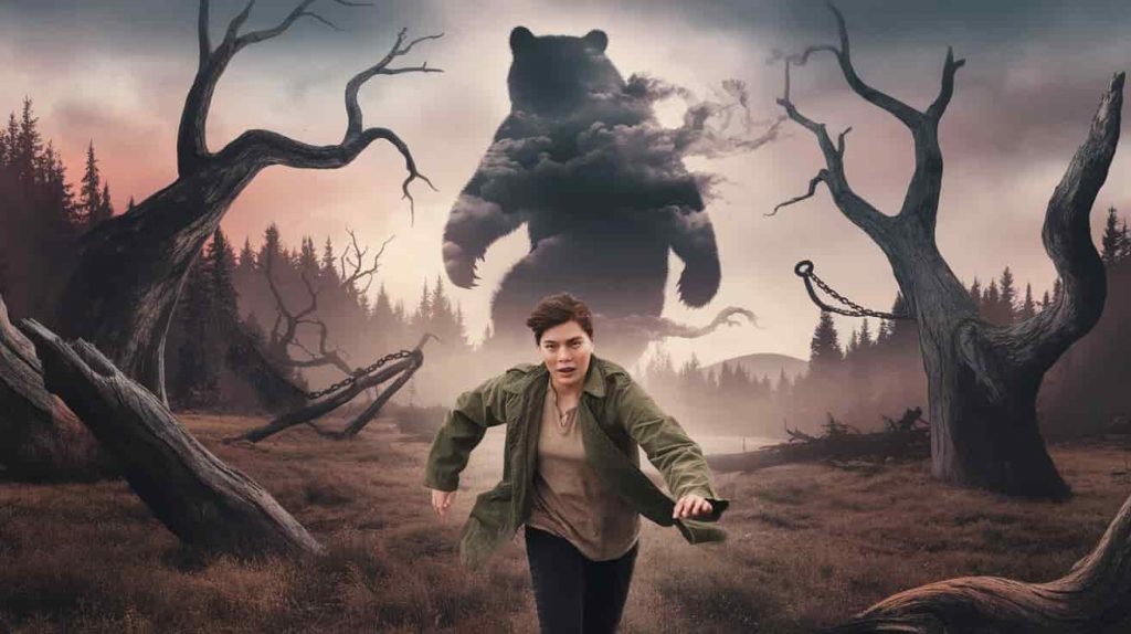 A surreal dreamscape with a person running from a bear silhouette made of mist, symbolizing the need to face fears and overcome challenges in life.