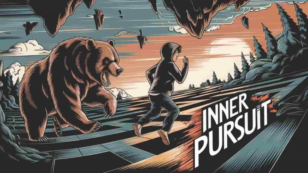 Surreal, maze-like landscape with a person being chased by a brown bear, symbolizing the inner pursuit and confrontation of fears in dreams.