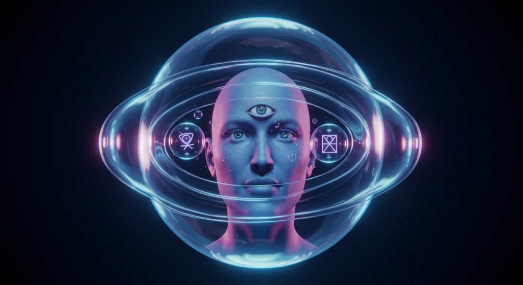 A conceptual 3D artwork featuring a multi-layered transparent bubble containing a face with an opening third eye, surrounded by smaller bubbles with wisdom symbols, using blues and purples to represent clarity and spiritual insight.