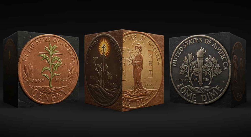 A 3D rendered cube blending Ukiyo-e and dark fantasy styles, showing different coins on each face with emerging spiritual symbols representing their unique meanings.