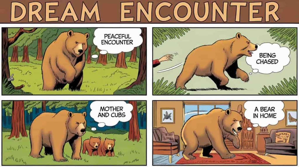 Comic-style strip illustrating four common brown bear dream scenarios: peaceful encounter, chase, mother and cubs, and bear in home, with dreamer reactions.