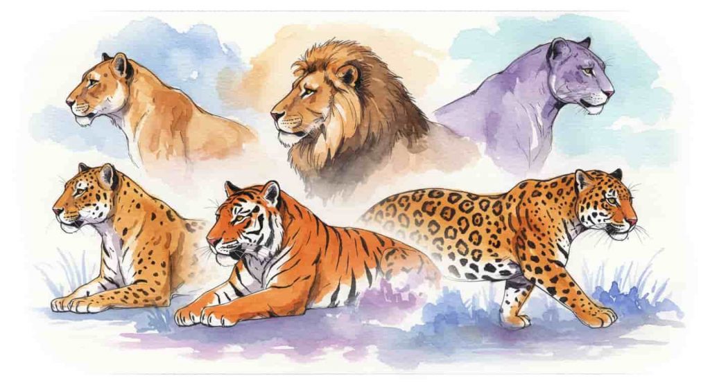 Impressionist watercolor and pen sketch of five big cats (lioness, lion, tiger, leopard, and jaguar) in a dreamlike landscape, illustrating the comparison of their dream symbolism.