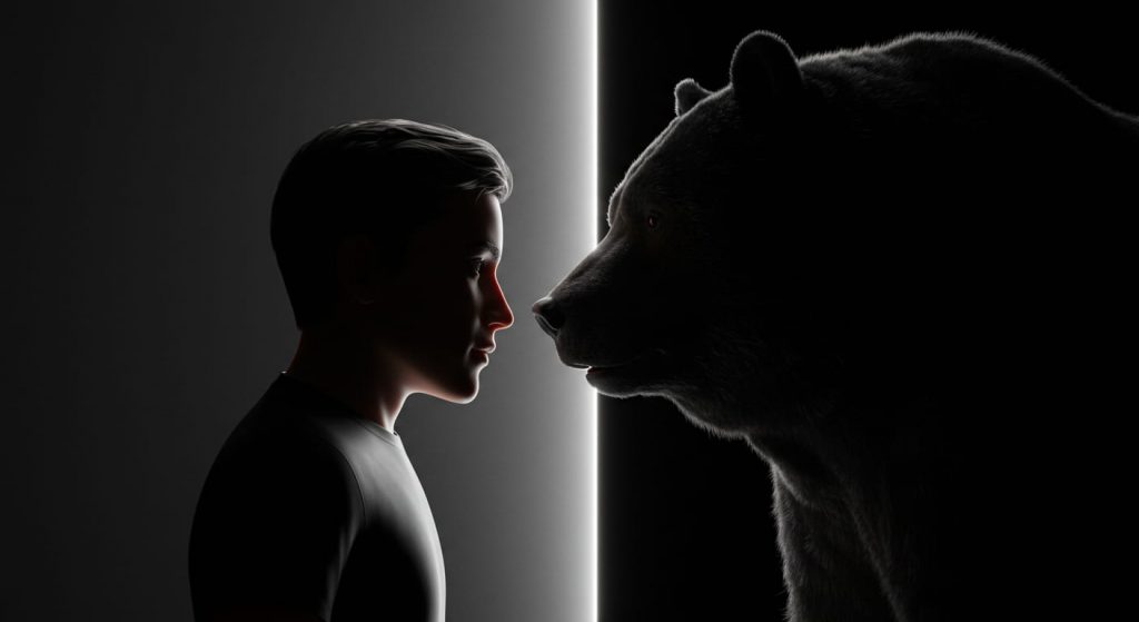 3D render illustrating a person confronting their bear-shaped shadow, symbolizing the process of facing one's inner self in bear chase dreams.