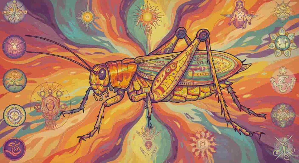 A Peter Max-inspired pop art image of a colorful cricket surrounded by spiritual symbols, with its body divided into sections representing different spiritual meanings associated with cricket chirping.