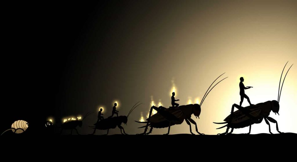 An editorial cartoon-style comic depicting a cricket's life cycle transitioning into human silhouettes engaged in personal growth activities, with a background changing from dark to light to represent transformation.