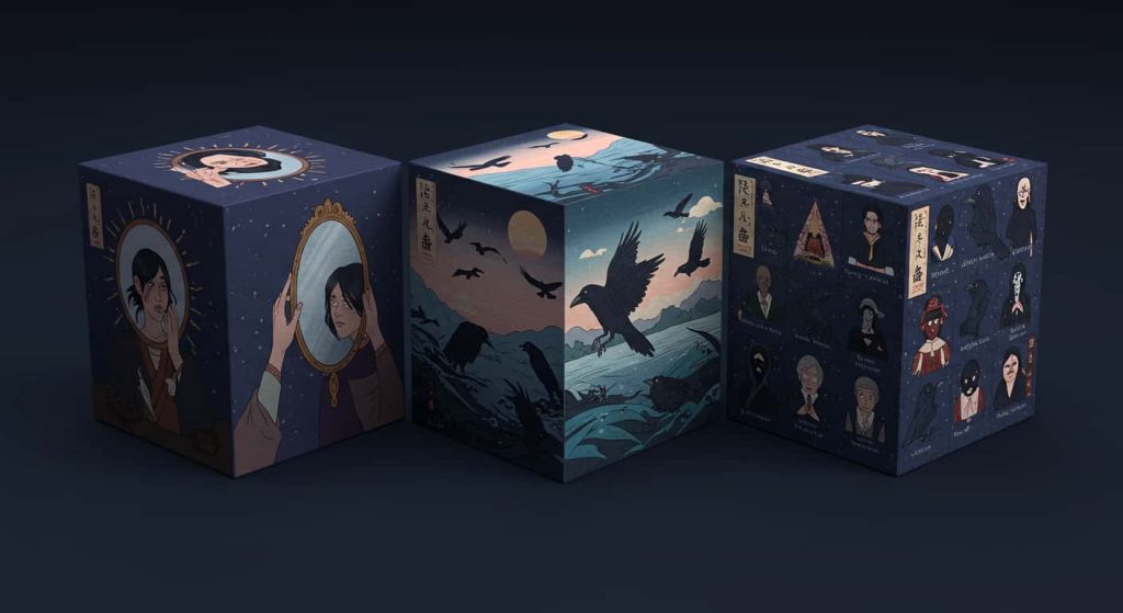A 3D rendered cube blending Ukiyo-e and dark fantasy styles, depicting a person seeing their crow reflection, a day-to-night transition with flying crows, and various emotions represented by crow poses, symbolizing shadow work and self-reflection.