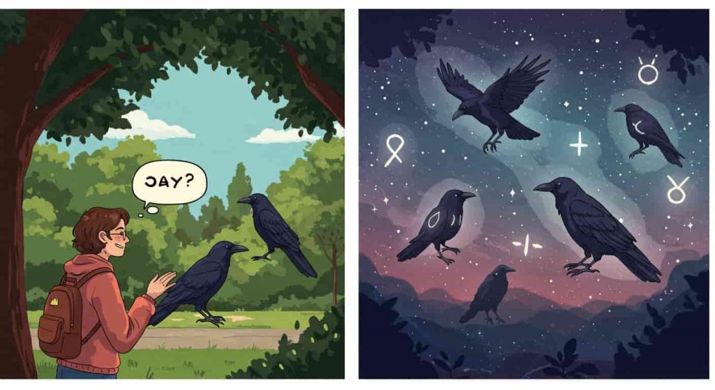 An editorial cartoon style comic comparing a real-life crow sighting in a park with abstract crow symbolism, highlighting the differences between personal experiences and cultural interpretations of crow encounters.