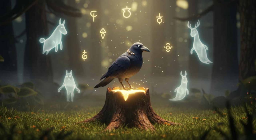A Pixar-style 3D cartoon of a magical forest clearing with a wise crow on a glowing stump, surrounded by ethereal spirit animals and floating spiritual symbols, representing the crow's role as a messenger from the spirit realm.