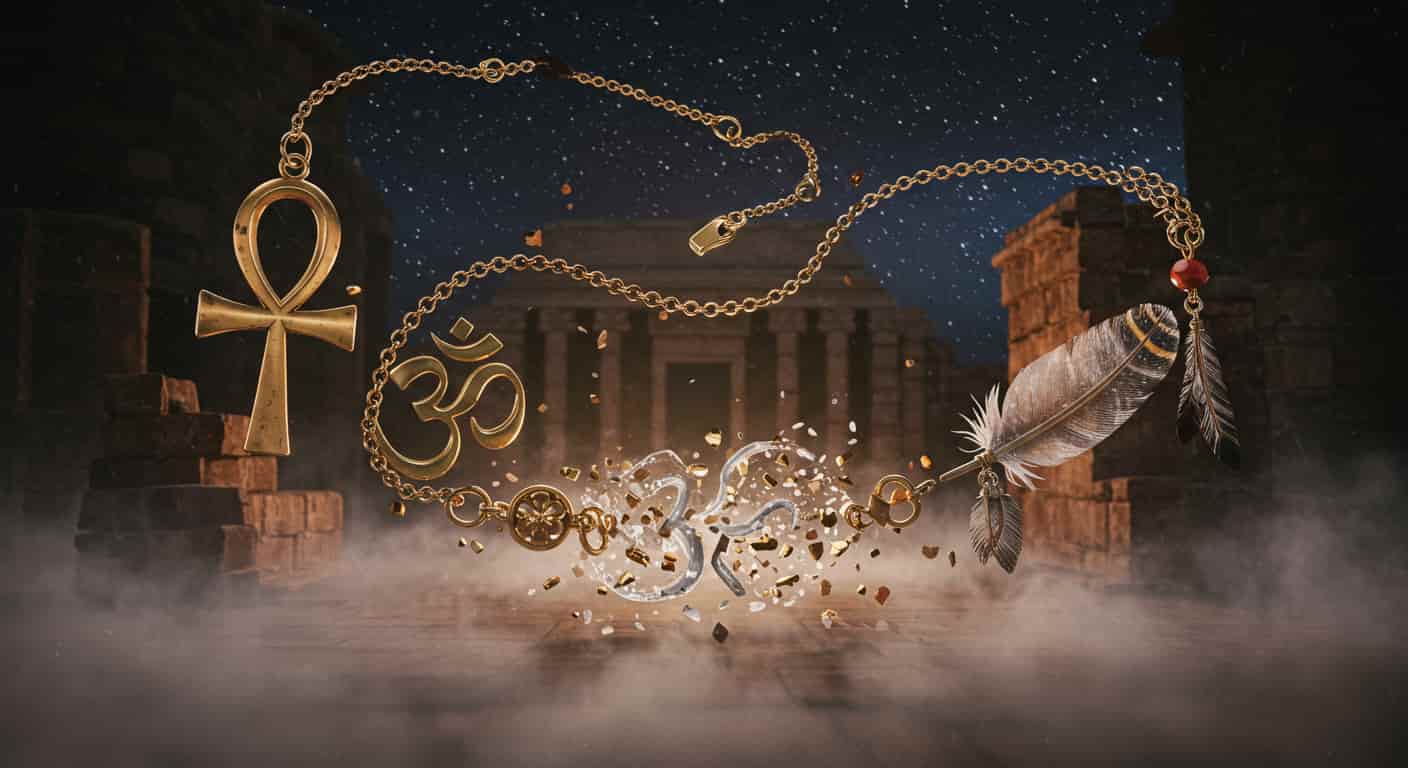 A captivating and conceptual 3D artwork showing diverse cultural symbols, such as an Egyptian Ankh, a Hindu Om, and a Native American feather, interwoven with a fragmented, ethereal necklace, set against a backdrop of an ancient, starlit temple, representing the various cultural interpretations of broken jewelry.