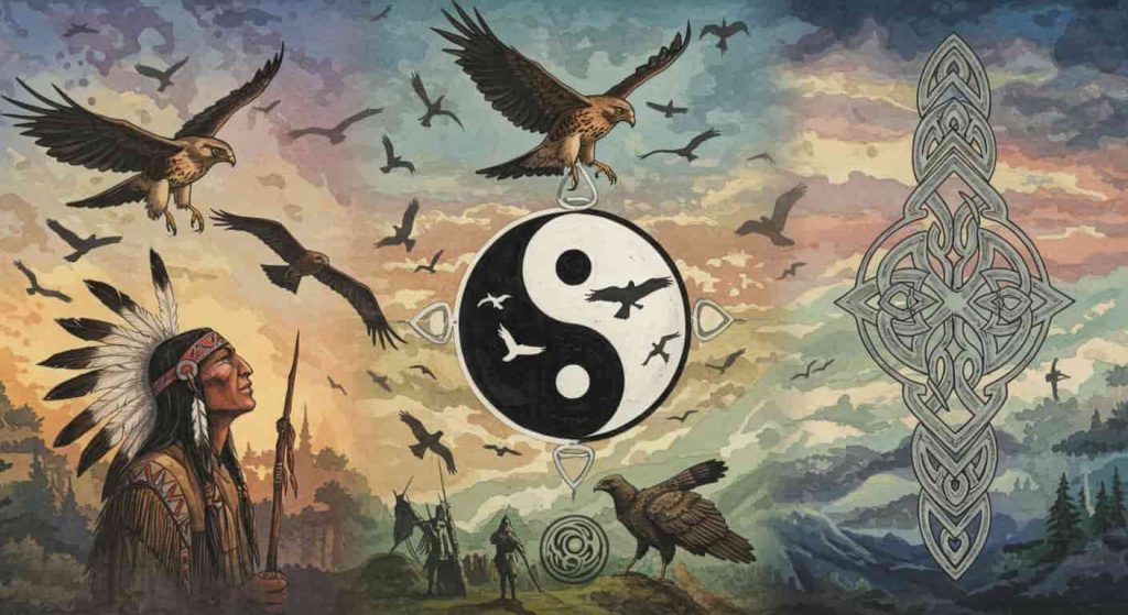 Impressionist watercolor and pen sketch showing Native American, Eastern, and Celtic interpretations of circling hawks, connected by a swirling sky.