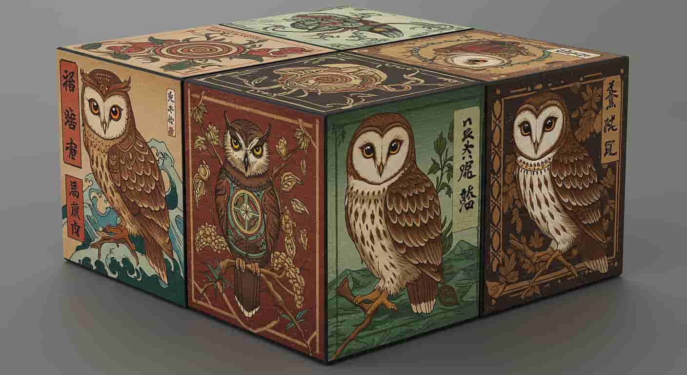 A 3D cube rendering with three visible faces, each depicting an owl in different cultural styles - Ukiyo-e, Native American, and European folklore - representing diverse interpretations of owl hooting.