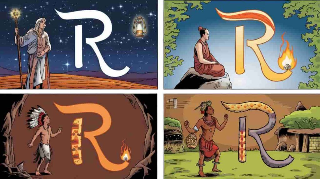 A four-panel editorial cartoon style comic depicting characters from Western esoteric, Eastern, Native American, and African traditions interacting with the letter R, showcasing diverse cultural interpretations of its spiritual meaning.