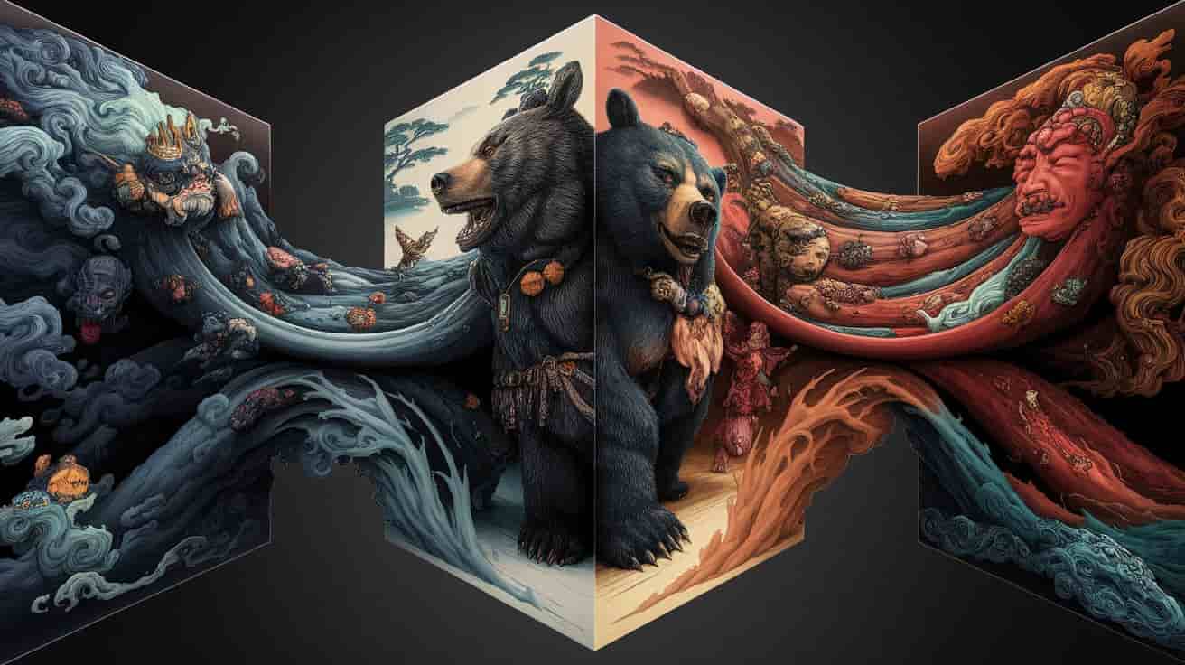 A 3D rendering of a cube with three visible faces, showcasing a mesmerizing blend of traditional Ukiyo-e style and dark fantasy elements. Each face represents a different cultural perspective on black bear dreams: Native American, Eastern, and Western. The images flow seamlessly from one face to another, illustrating the interconnectedness of these interpretations. Symbolic elements unique to each culture are intricately woven into the designs.