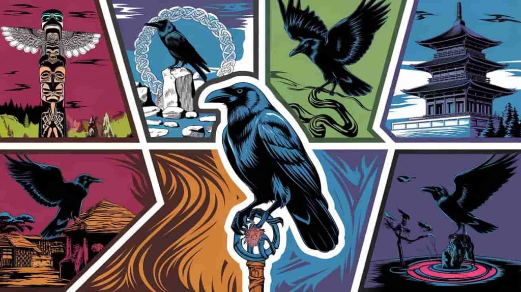 A vibrant pop art style image divided into five sections, each depicting a different cultural interpretation of crow spirituality, with stylized crows and relevant symbols from Native American, Celtic, Asian, African, and Modern Pagan traditions.