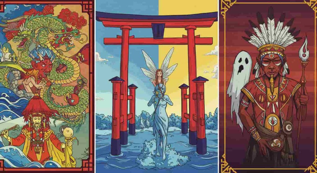 A vibrant pop art style image divided into sections representing Eastern, Western, and Indigenous cultural perspectives on nighttime whistling, featuring symbolic elements and figures from each culture with bold colors and whistling motifs.