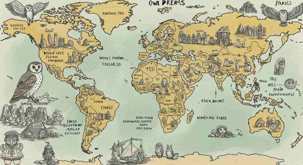 A doodle-style world map showcasing various cultural interpretations of owl dreams through symbols and small scenes in different regions.