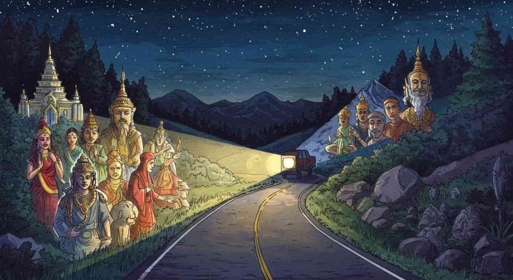 An impressionist watercolor and pen sketch of a nighttime landscape with a single headlight illuminating a winding road, surrounded by subtle religious and cultural symbols from various traditions interacting with the light beam.