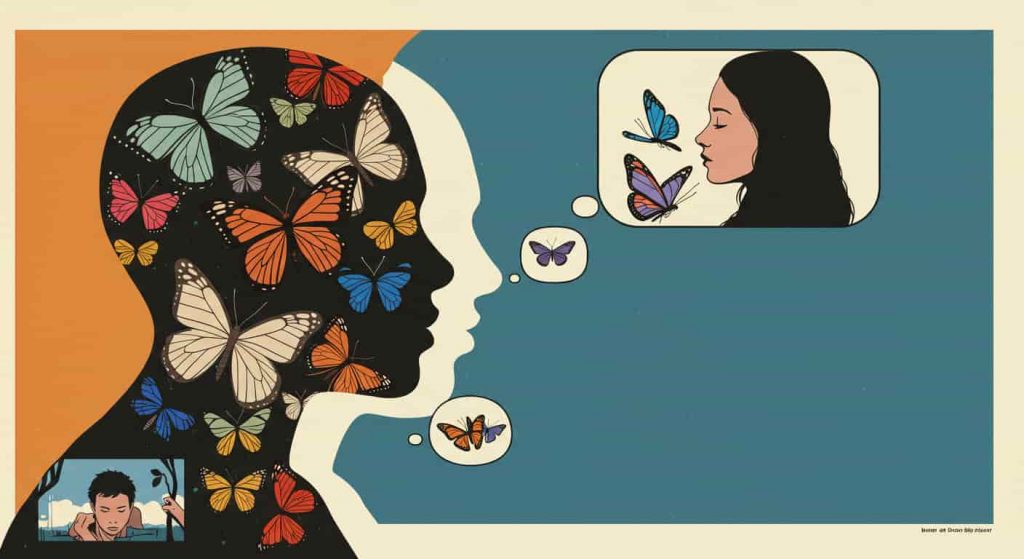 A minimalist pop art painting of a dreaming person's silhouette filled with various dead butterfly dream scenarios, using bold colors and simple shapes to represent different interpretations and emotions.