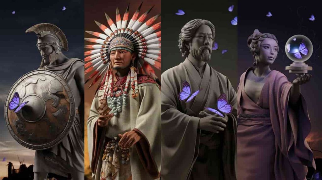 A 3D rendered Ukiyo-e-inspired dark fantasy painting divided into four cultural quadrants, each depicting a unique interpretation of a dead butterfly with relevant symbols and art styles.
