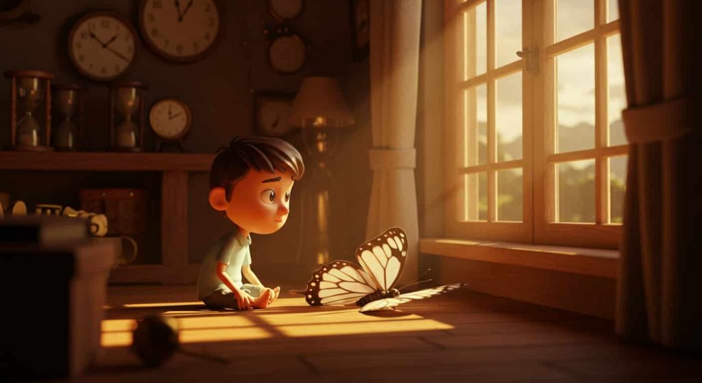 A Pixar-style cinematic 3D cartoon scene of a person observing a delicate dead butterfly on its side lying down near a window. The room is filled with symbols of time passing, such as hourglasses and clocks. The lighting is warm and gentle, creating a contemplative atmosphere.