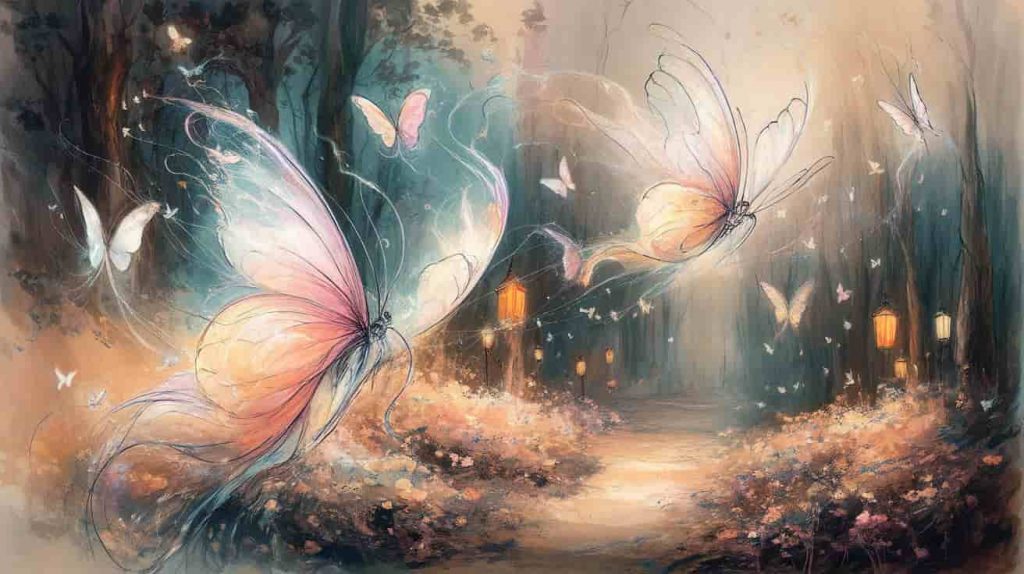 An impressionist watercolor and pen sketch showing translucent butterflies carrying messages between the physical and spiritual realms, with soft, dreamy colors and flowing lines.