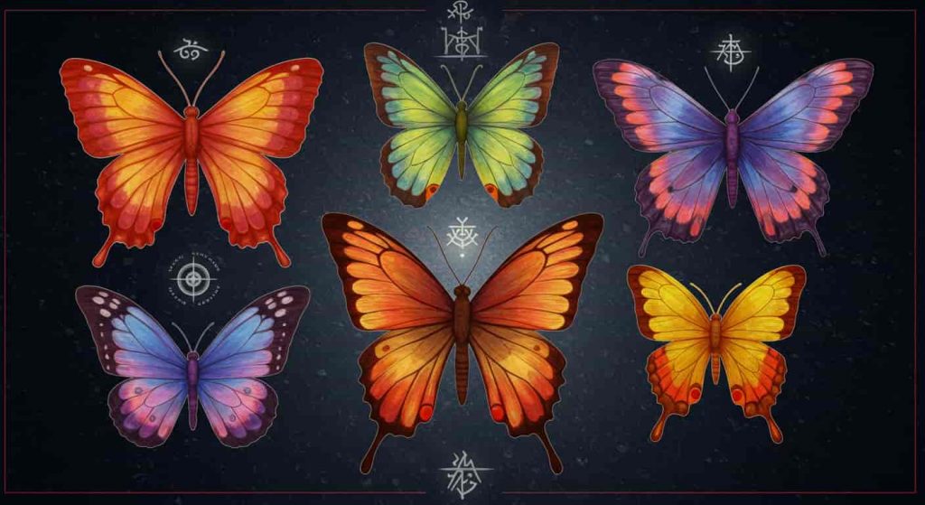 A ukiyo-e inspired 3D art piece showing seven distinct butterfly silhouettes, each representing different spiritual meanings, with vibrant colors and intricate patterns against a background of transformation and rebirth symbols.