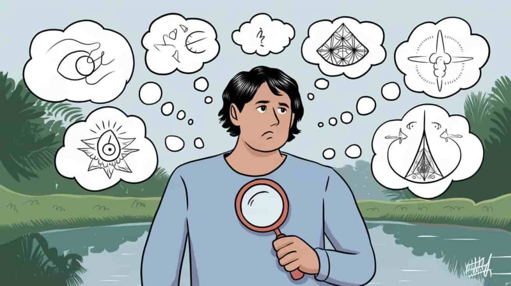 Cartoon illustration of a person examining their left chest with a magnifying glass, surrounded by symbols representing emotions and spiritual concepts.