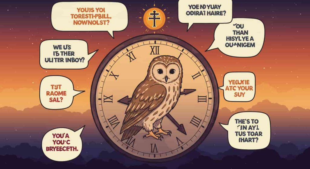 An editorial cartoon style image of an owl on a clock face surrounded by thought bubbles with spiritual symbols, illustrating the significance of owl hoot timing and frequency.