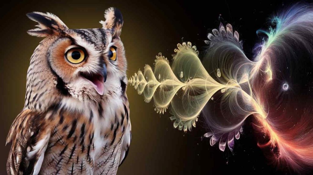 Surrealist digital artwork of a detailed screech owl calling, with glowing, ethereal sound wave ribbons transforming into spiritual symbols and nature elements, featuring a fractal effect and transitioning color palette from earthy to cosmic tones.
